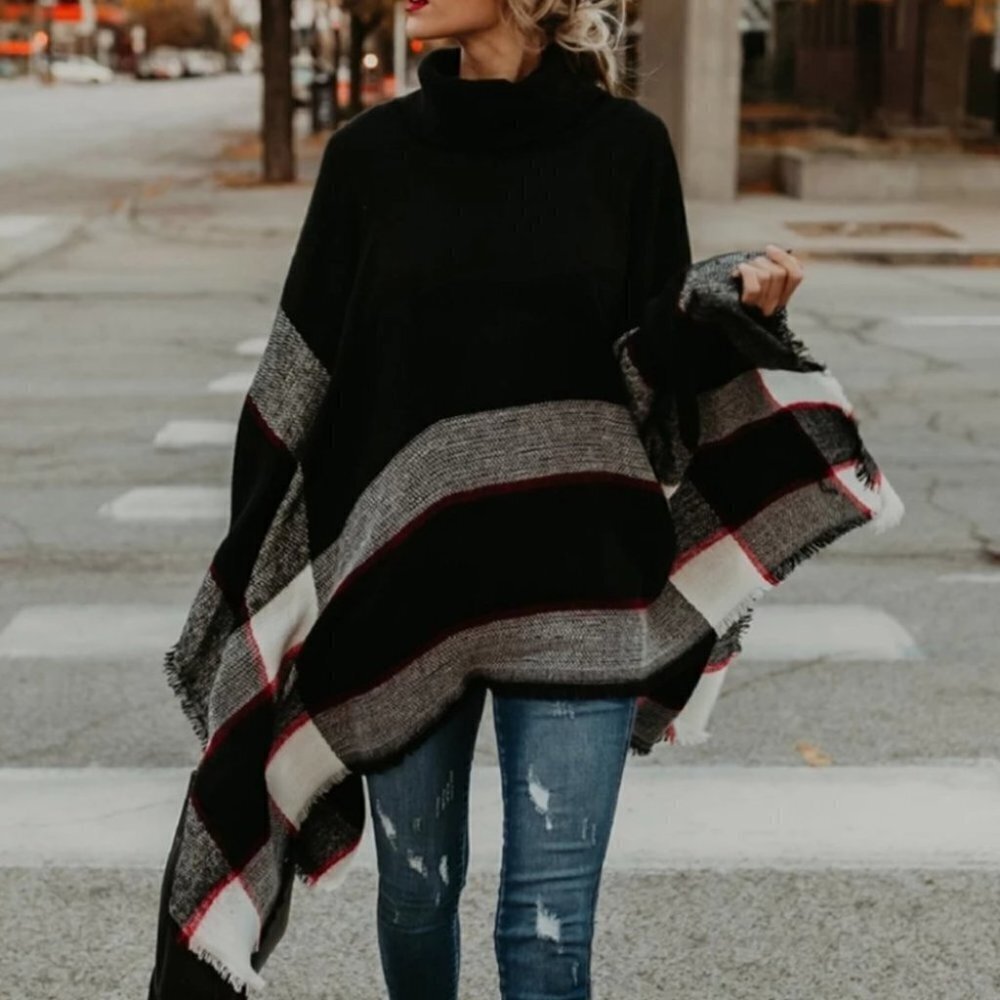 CLASSIC womens plaid print oversized Pullover Ponc